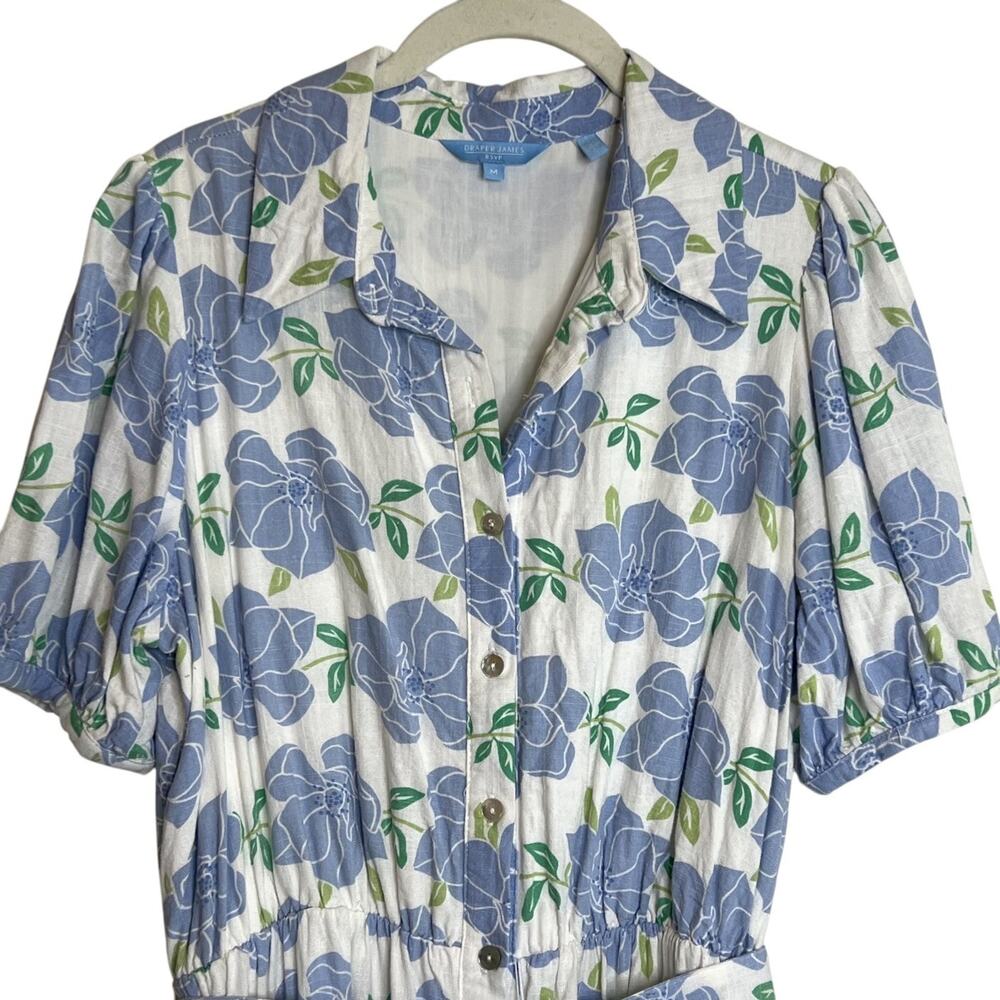 Draper James RSVP Womens Puff Sleeve Shirt Dress M Sky Floral Linen Blend Belted - Picture 2 of 7